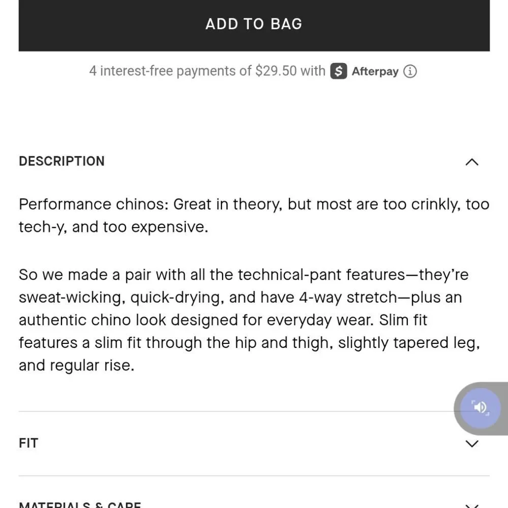 NWT Everlane Uniform The Performance Chino Black Slim Fit Trouser Pants 34 x 30
